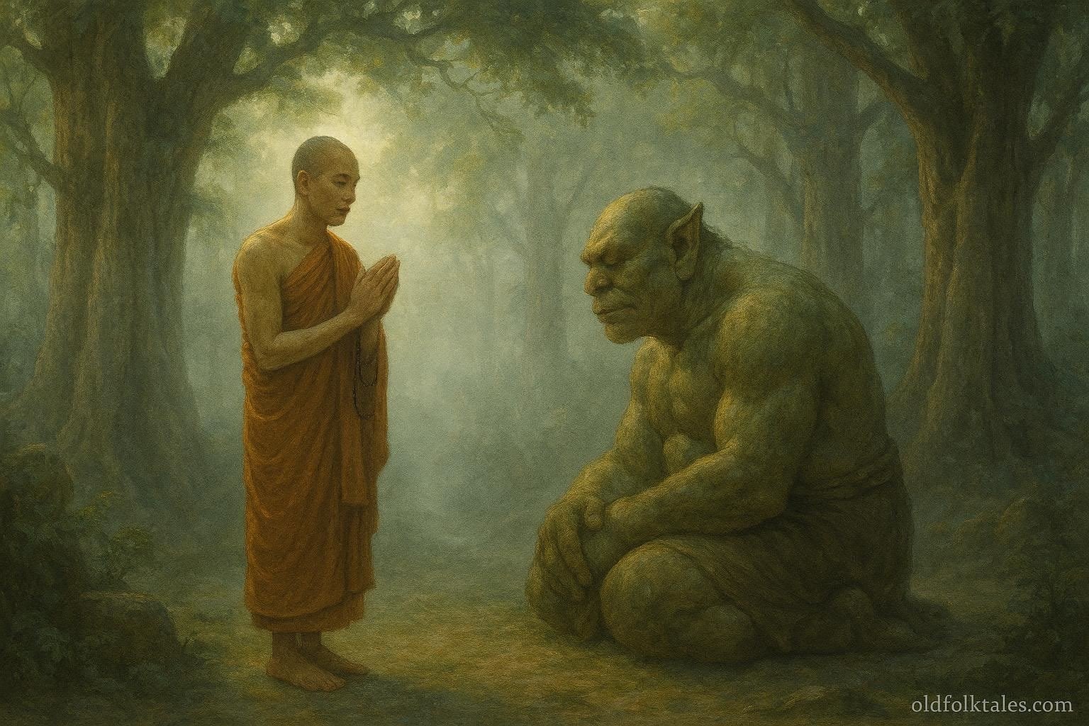 A Buddhist monk chanting calmly as a transformed ogre kneels in a peaceful forest clearing