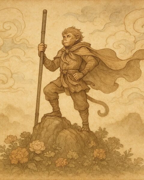 Sun Wukong on a clouded peak with his staff, Chinese folklore.