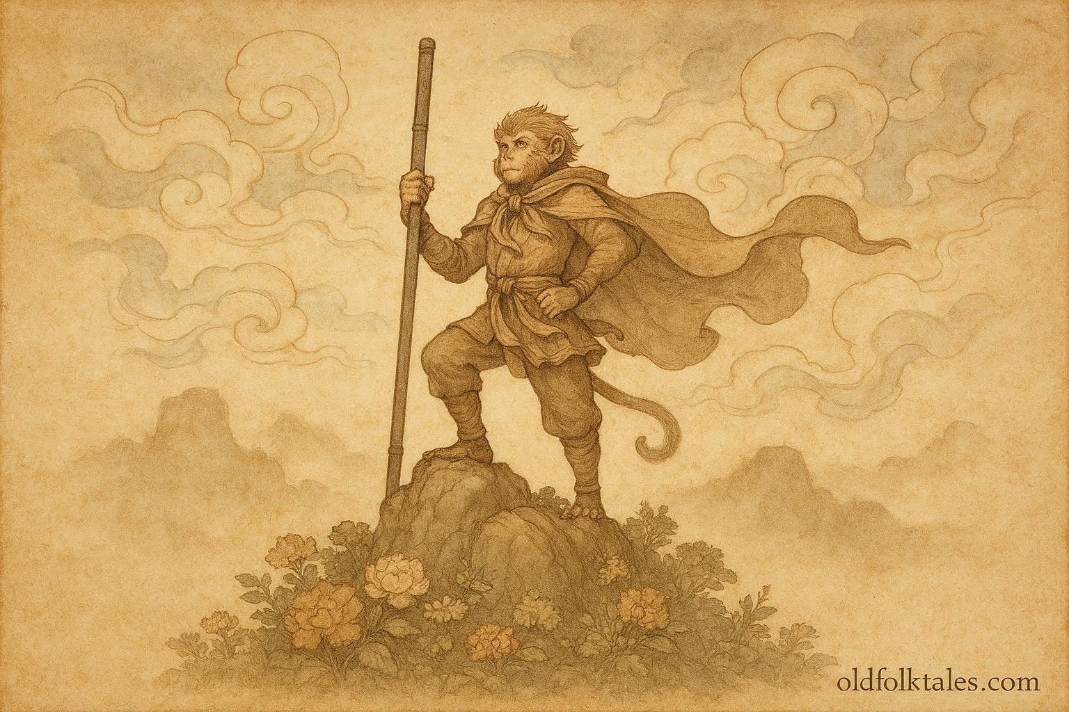 Sun Wukong on a clouded peak with his staff, Chinese folklore.