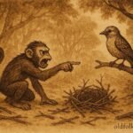 Parchment-style artwork of a Monkey accusing a Weaver-Bird after his nest falls, Sri Lankan folktale scene.