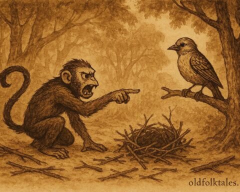 Parchment-style artwork of a Monkey accusing a Weaver-Bird after his nest falls, Sri Lankan folktale scene.