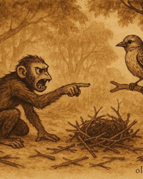 Parchment-style artwork of a Monkey accusing a Weaver-Bird after his nest falls, Sri Lankan folktale scene.