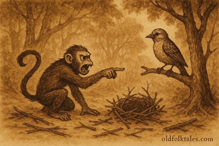 Parchment-style artwork of a Monkey accusing a Weaver-Bird after his nest falls, Sri Lankan folktale scene.