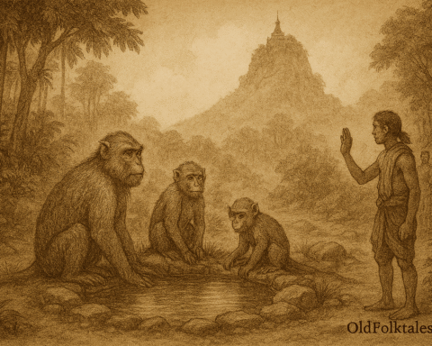 Sepia-toned parchment-style illustration depicting the sacred springs of Mount Popa surrounded by teak forest. A semicircle of reddish-gold monkeys sits in meditation around a glowing pool, with a silver-backed patriarch at the center. Kyaw Htun, the humbled hunter, kneels in the foreground encircled by scorched earth, as mystical flames consume a basket of poisoned fruit. The patriarch monkey gently places a hand on his bowed head while divine sunlight breaks through storm clouds above. “OldFolktales.com” is inscribed at the bottom right.
