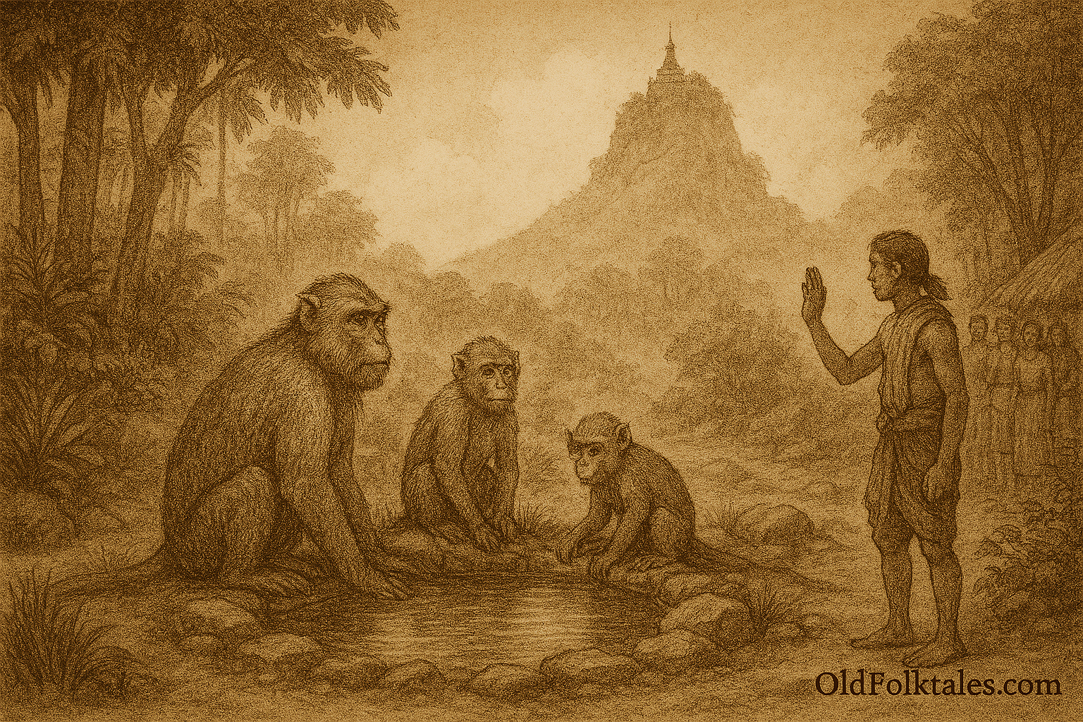 Sepia-toned parchment-style illustration depicting the sacred springs of Mount Popa surrounded by teak forest. A semicircle of reddish-gold monkeys sits in meditation around a glowing pool, with a silver-backed patriarch at the center. Kyaw Htun, the humbled hunter, kneels in the foreground encircled by scorched earth, as mystical flames consume a basket of poisoned fruit. The patriarch monkey gently places a hand on his bowed head while divine sunlight breaks through storm clouds above. “OldFolktales.com” is inscribed at the bottom right.