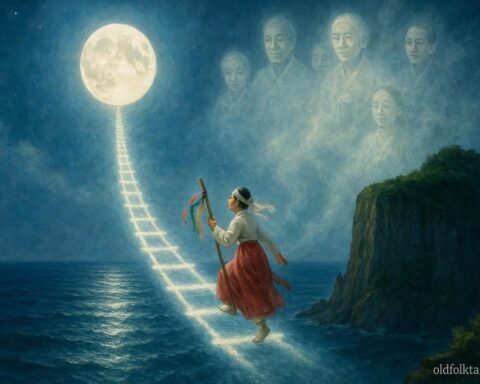 A young shaman climbs a silver moon ladder to meet glowing ancestral spirits above the cliffs of Jeju Island