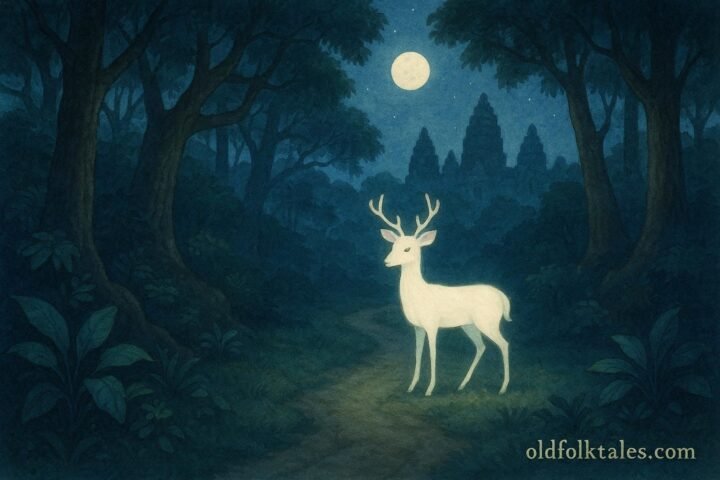 A glowing white deer stands on a moonlit forest path near Angkor Wat.