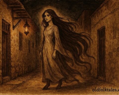 Parchment-style illustration of Umm al-Duways in a UAE alley, Emirati folktale scene.