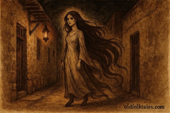 Parchment-style illustration of Umm al-Duways in a UAE alley, Emirati folktale scene.