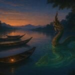 A glowing Naga serpent glides beneath the surface of the Mekong River at dusk near traditional Thai boats.