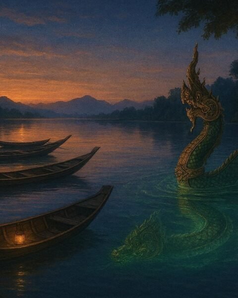 A glowing Naga serpent glides beneath the surface of the Mekong River at dusk near traditional Thai boats.
