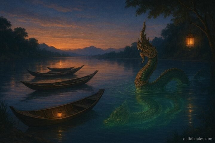 A glowing Naga serpent glides beneath the surface of the Mekong River at dusk near traditional Thai boats.