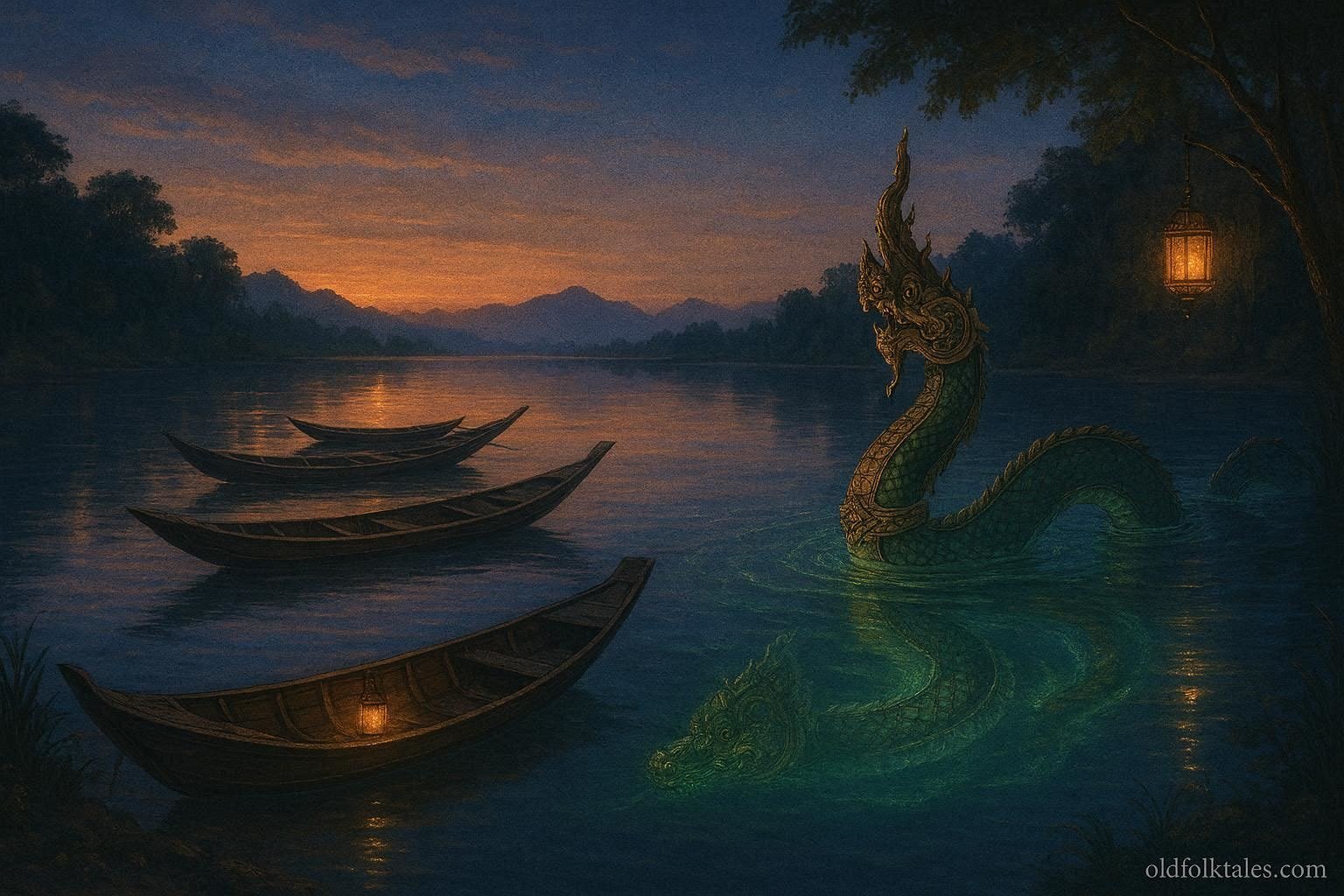 A glowing Naga serpent glides beneath the surface of the Mekong River at dusk near traditional Thai boats.