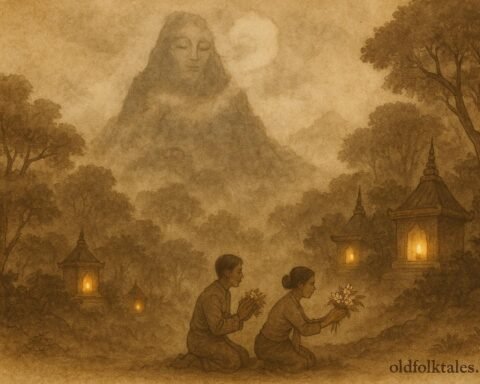 Mount Popa with glowing shrines and spiritual mist, depicting a Burmese nat guardian legend.