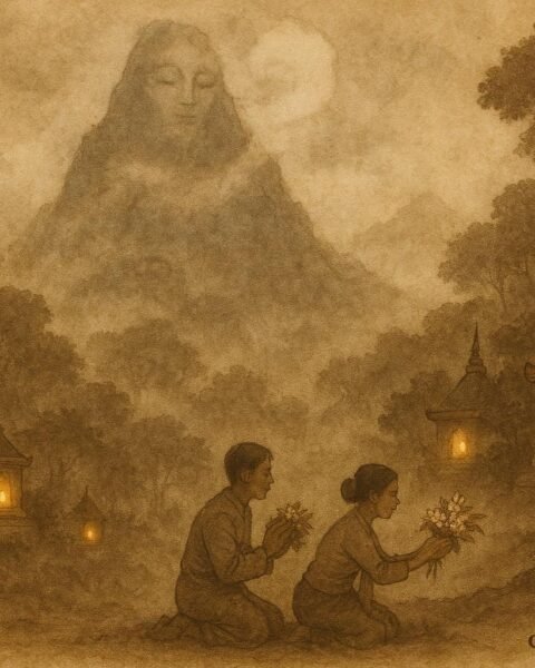 Mount Popa with glowing shrines and spiritual mist, depicting a Burmese nat guardian legend.