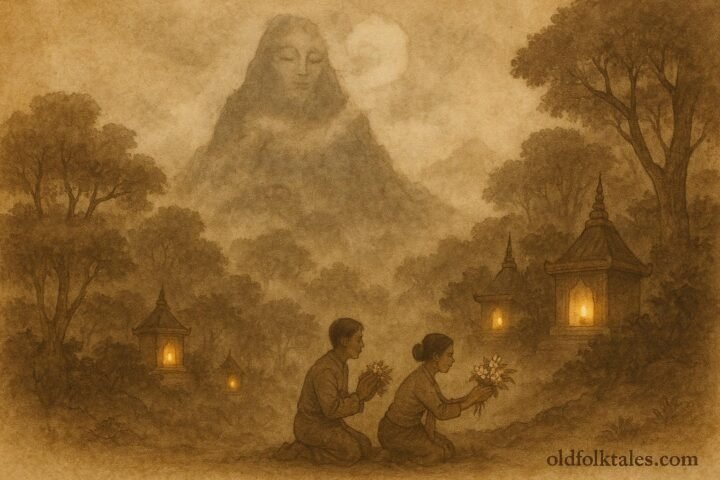 Mount Popa with glowing shrines and spiritual mist, depicting a Burmese nat guardian legend.