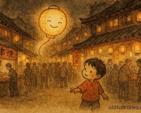 A child guided by a glowing lantern spirit in a Tainan night market.