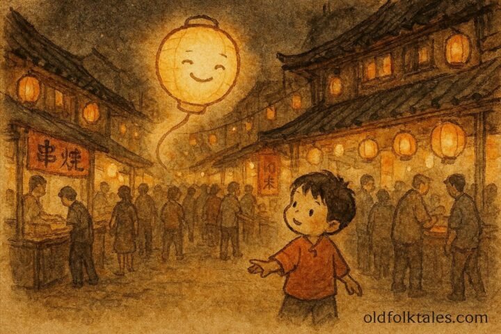 A child guided by a glowing lantern spirit in a Tainan night market.