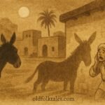 Parchment-style artwork of a donkey’s shadow haunting a farmer in a Bahraini folktale.