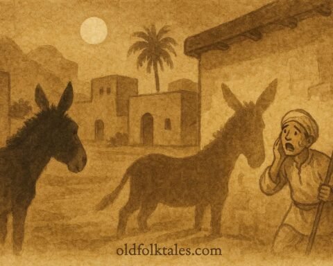 Parchment-style artwork of a donkey’s shadow haunting a farmer in a Bahraini folktale.