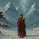 A Tibetan nun listens to mountain spirits warning of an avalanche while villagers gather safely on a ridge.