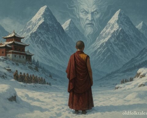 A Tibetan nun listens to mountain spirits warning of an avalanche while villagers gather safely on a ridge.