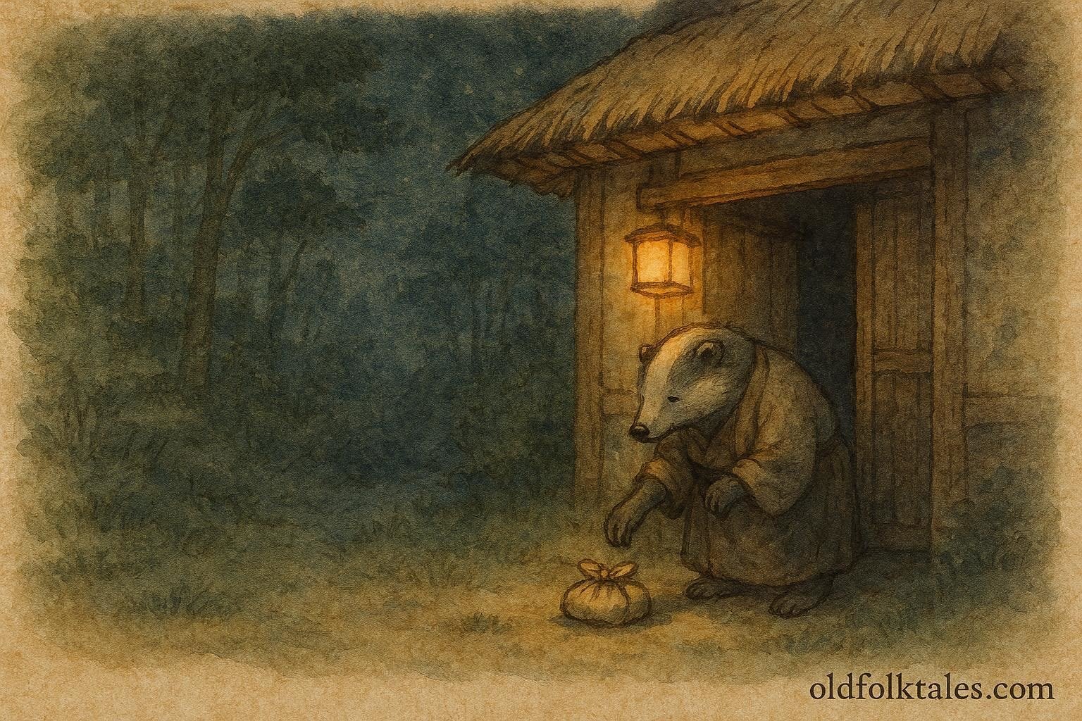 An old badger delivering food to a woodsman’s hut in northern Japanese folklore.