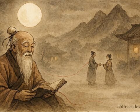 Yue Lao with a red thread connecting a scholar and girl, Han Chinese folklore.