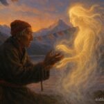 Tibetan herder performing ritual as glowing lake spirit appears at sunset.