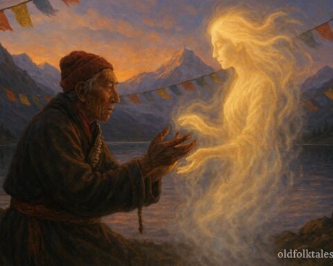 Tibetan herder performing ritual as glowing lake spirit appears at sunset.