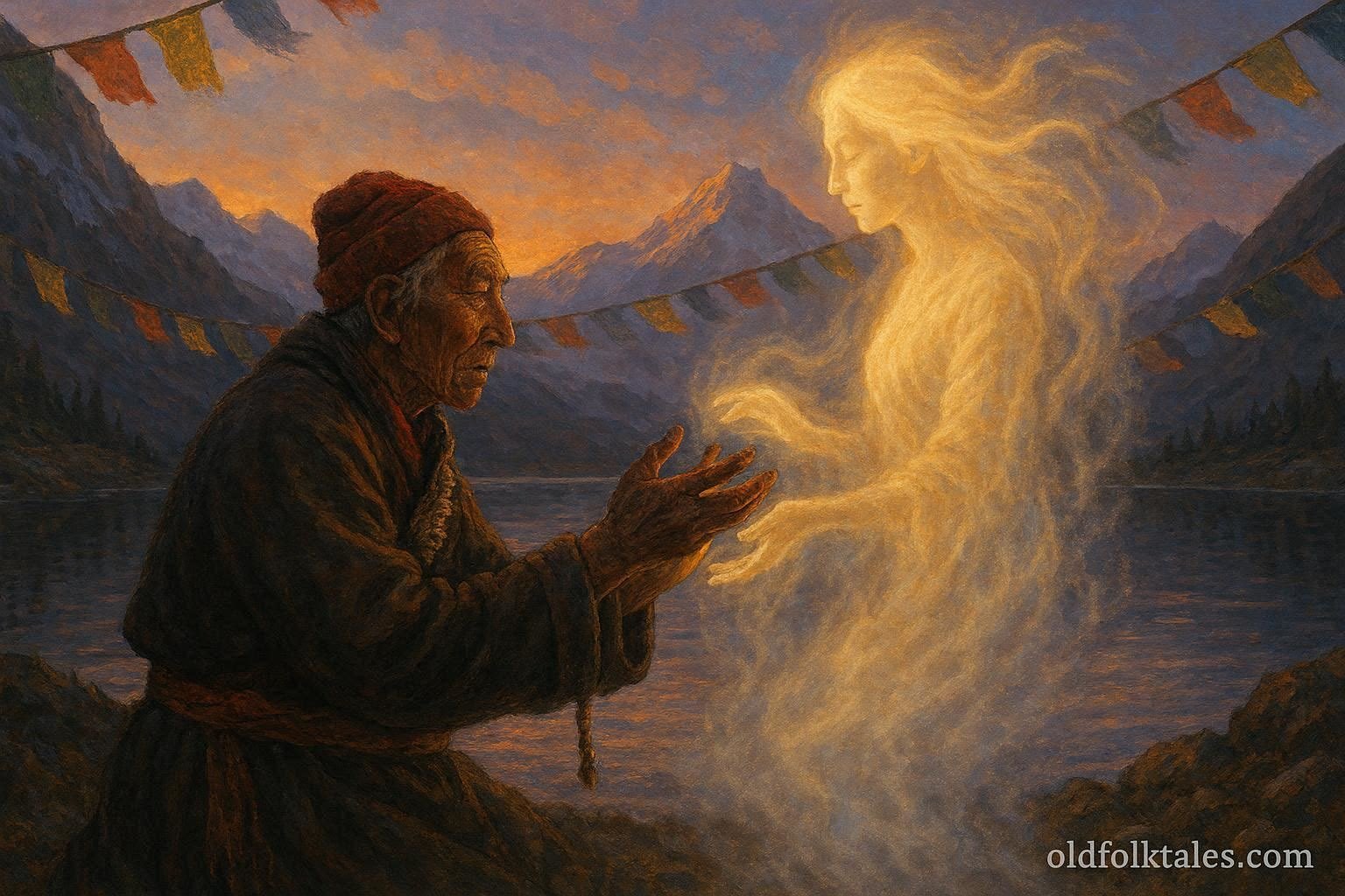 Tibetan herder performing ritual as glowing lake spirit appears at sunset.