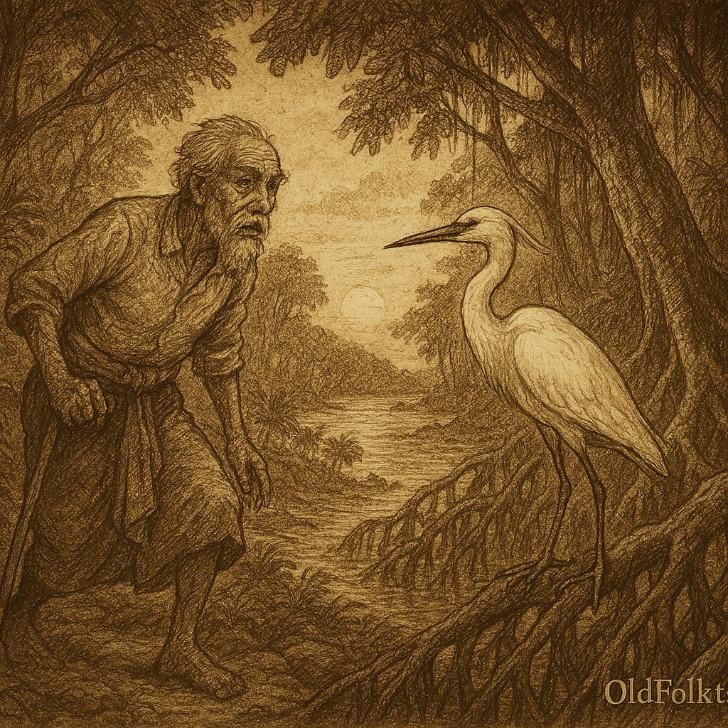 Sepia-toned parchment illustration of the Bruneian legend The Old Man of Lumut Leter. In a shadowy coastal forest, an elderly man with weathered skin and a long beard stands on a narrow path, gripping a wooden staff and gazing in awe at a luminous white heron perched on a mangrove root. The bird’s feathers glow softly in the twilight, its gaze calm and knowing. Towering trees and tangled roots frame the scene, while calm waters reflect the fading light of the setting sun. “OldFolktales.com” is inscribed at the bottom right.