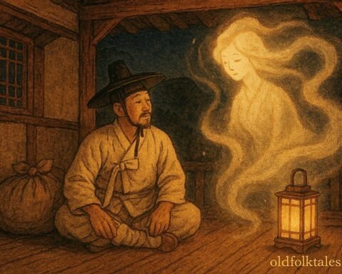 A traveler in an old Korean mountain house welcomed by a glowing echo spirit.