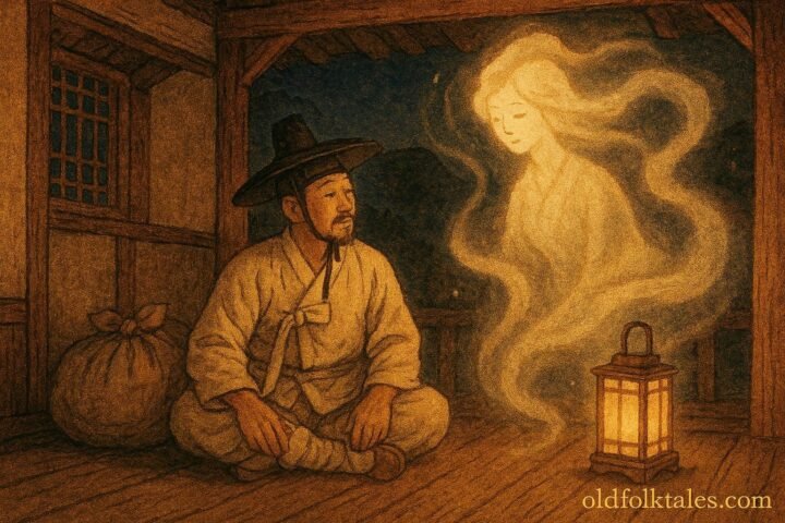 A traveler in an old Korean mountain house welcomed by a glowing echo spirit.