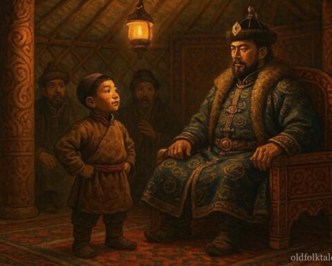 A young Mongolian orphan solves riddles before a khan inside a decorated ger.