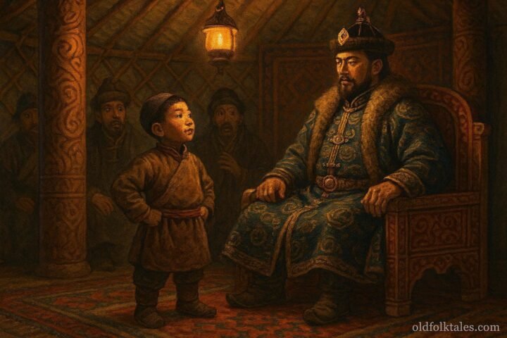 A young Mongolian orphan solves riddles before a khan inside a decorated ger.