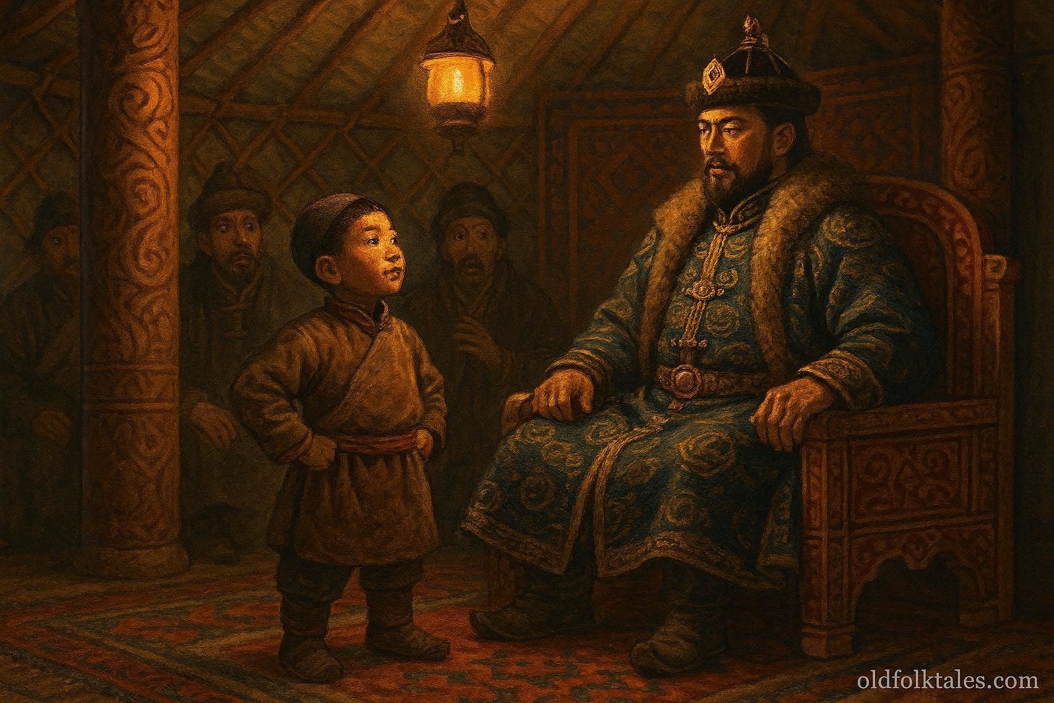A young Mongolian orphan solves riddles before a khan inside a decorated ger.