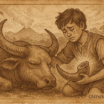 Sepia-toned illustration on aged parchment showing a young Lao orphan boy kneeling beside a dying water buffalo. The boy wears a simple tunic and has tears streaming down his cheeks as he cradles the buffalo’s head with one arm. In his other hand, he holds a glowing buffalo horn emitting soft light. The buffalo lies peacefully on the ground with closed eyes, its curved horns prominent. In the background, palm trees and misty mountains rise under swirling clouds. “OldFolktales.com” is inscribed in the bottom right corner.