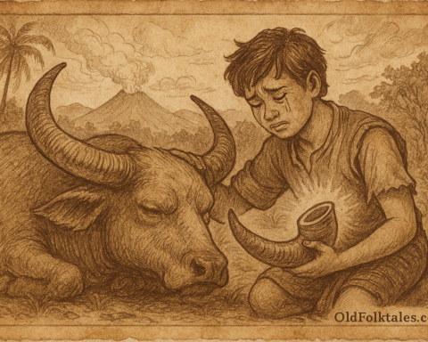 Sepia-toned illustration on aged parchment showing a young Lao orphan boy kneeling beside a dying water buffalo. The boy wears a simple tunic and has tears streaming down his cheeks as he cradles the buffalo’s head with one arm. In his other hand, he holds a glowing buffalo horn emitting soft light. The buffalo lies peacefully on the ground with closed eyes, its curved horns prominent. In the background, palm trees and misty mountains rise under swirling clouds. “OldFolktales.com” is inscribed in the bottom right corner.