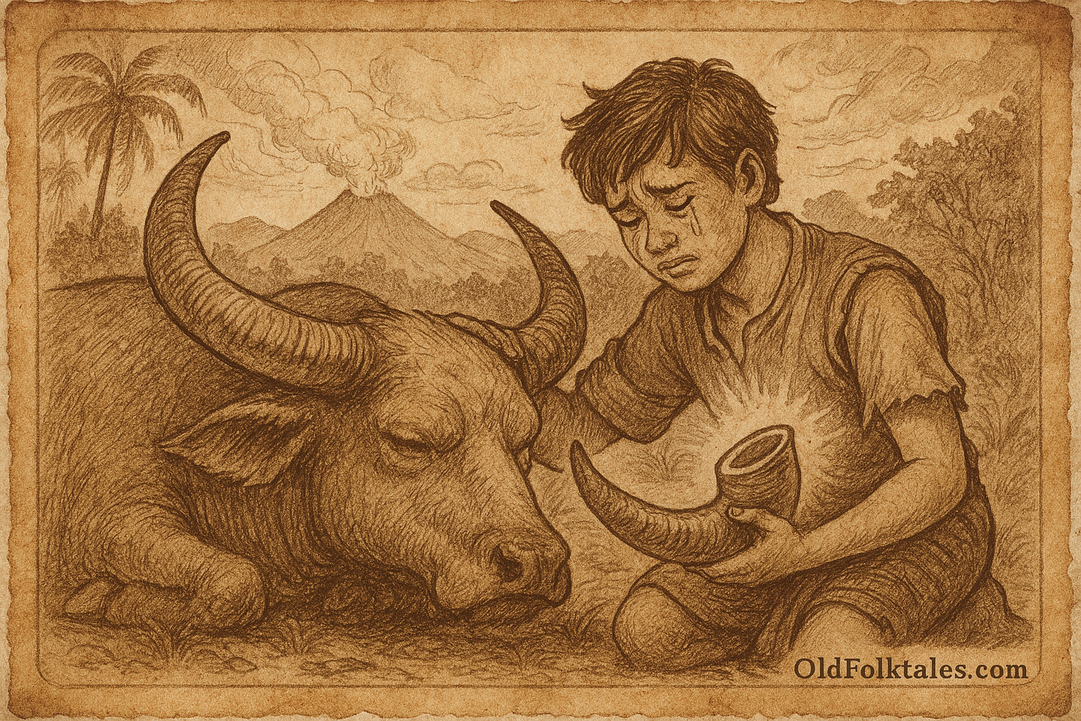 Sepia-toned illustration on aged parchment showing a young Lao orphan boy kneeling beside a dying water buffalo. The boy wears a simple tunic and has tears streaming down his cheeks as he cradles the buffalo’s head with one arm. In his other hand, he holds a glowing buffalo horn emitting soft light. The buffalo lies peacefully on the ground with closed eyes, its curved horns prominent. In the background, palm trees and misty mountains rise under swirling clouds. “OldFolktales.com” is inscribed in the bottom right corner.