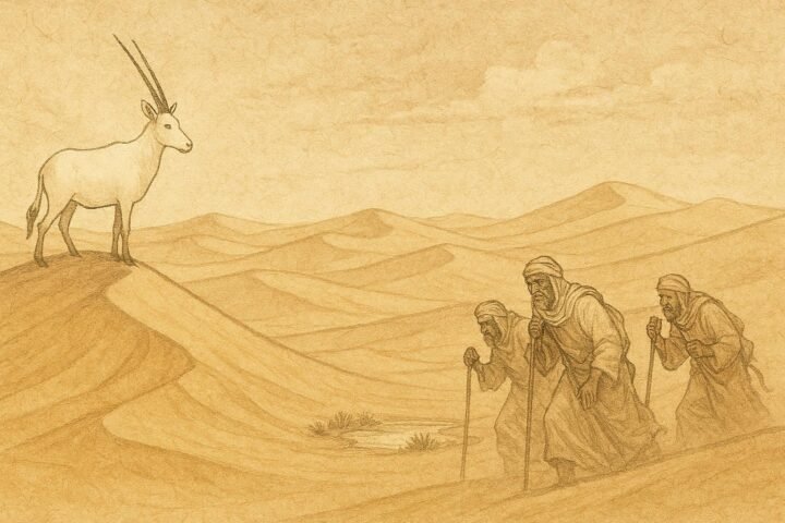 Parchment-style illustration of a white oryx guiding Emirati Bedouin hunters in the desert.