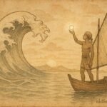 Parchment-style artwork of a pearl diver with a giant pearl at sea, Kuwaiti folktale scene.