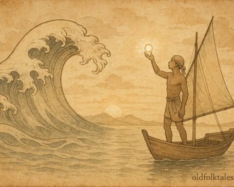 Parchment-style artwork of a pearl diver with a giant pearl at sea, Kuwaiti folktale scene.