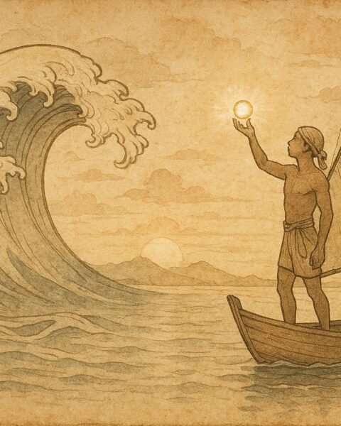 Parchment-style artwork of a pearl diver with a giant pearl at sea, Kuwaiti folktale scene.