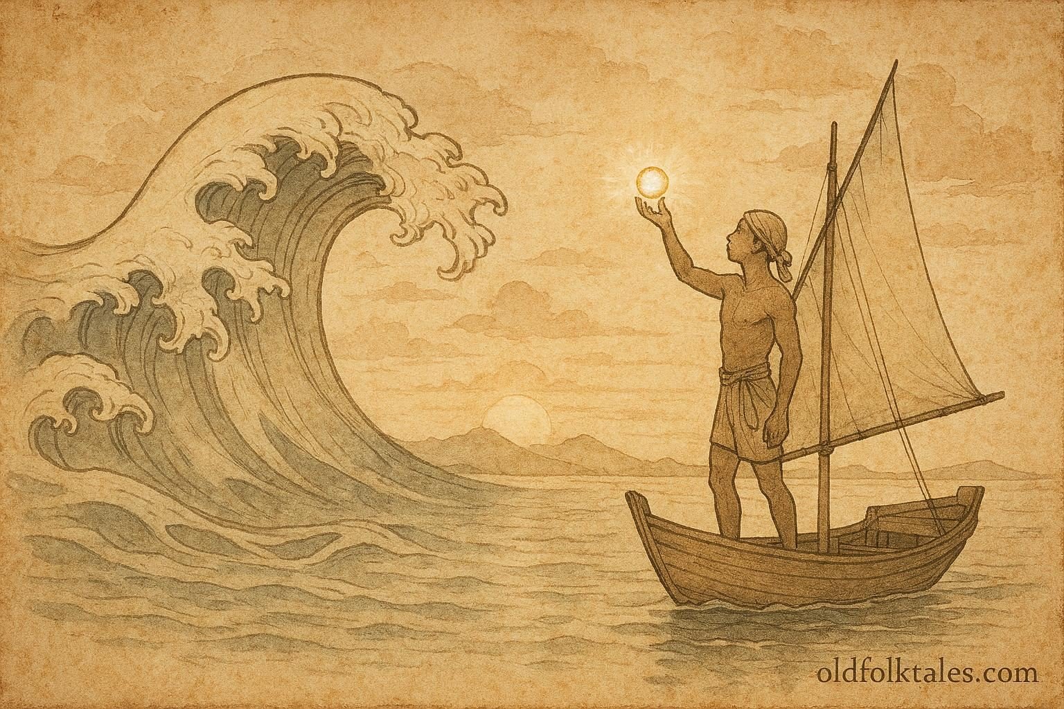 Parchment-style artwork of a pearl diver with a giant pearl at sea, Kuwaiti folktale scene.