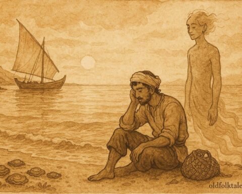 Parchment-style artwork of a pearl diver meeting a sea jinni in an Emirati folktale.