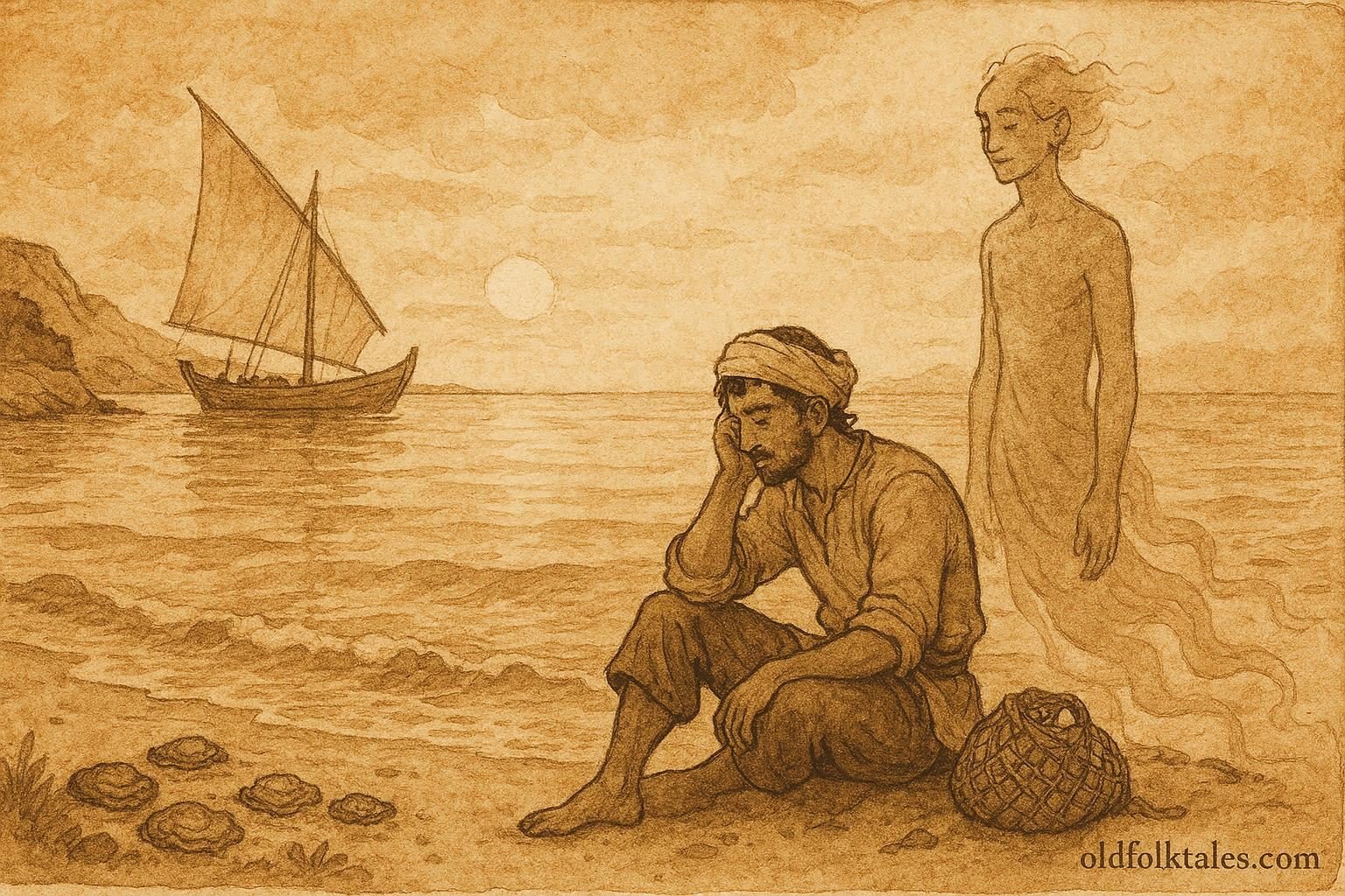 Parchment-style artwork of a pearl diver meeting a sea jinni in an Emirati folktale.