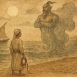 Parchment-style illustration of Saeed meeting the Marid at the shore, Qatari folktale