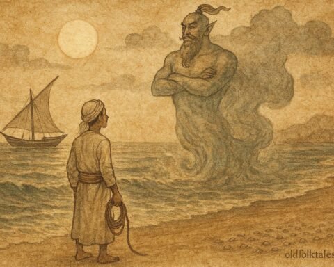 Parchment-style illustration of Saeed meeting the Marid at the shore, Qatari folktale