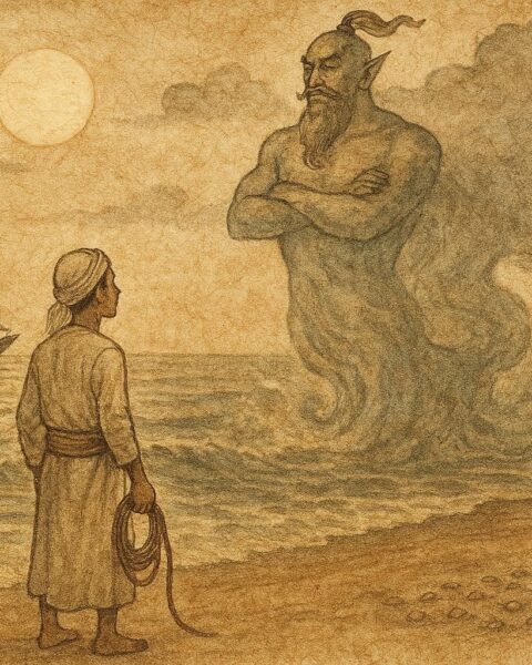 Parchment-style illustration of Saeed meeting the Marid at the shore, Qatari folktale